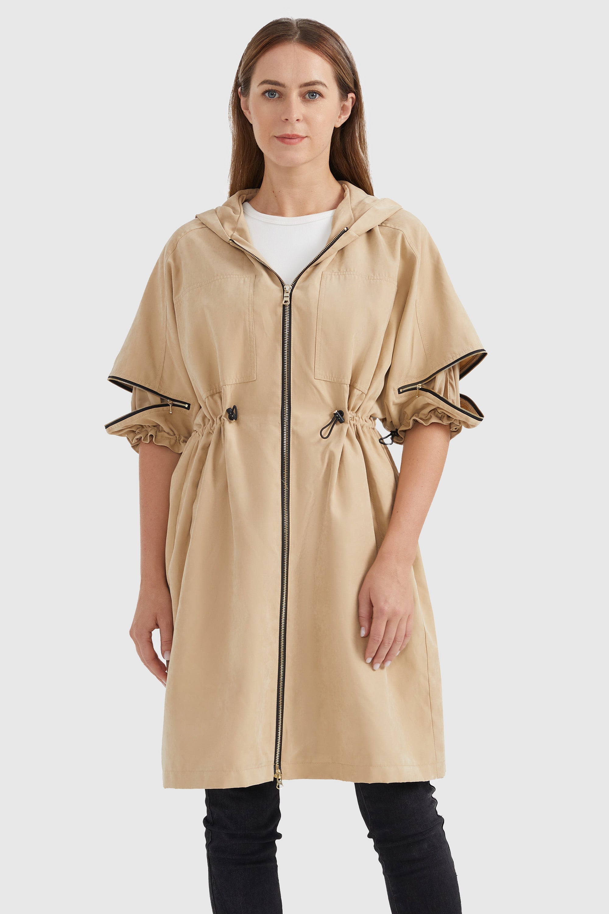 Zipper Batwing Sleeves Hooded Coat