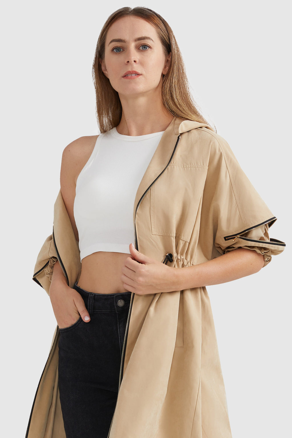 Zipper Batwing Sleeves Hooded Coat