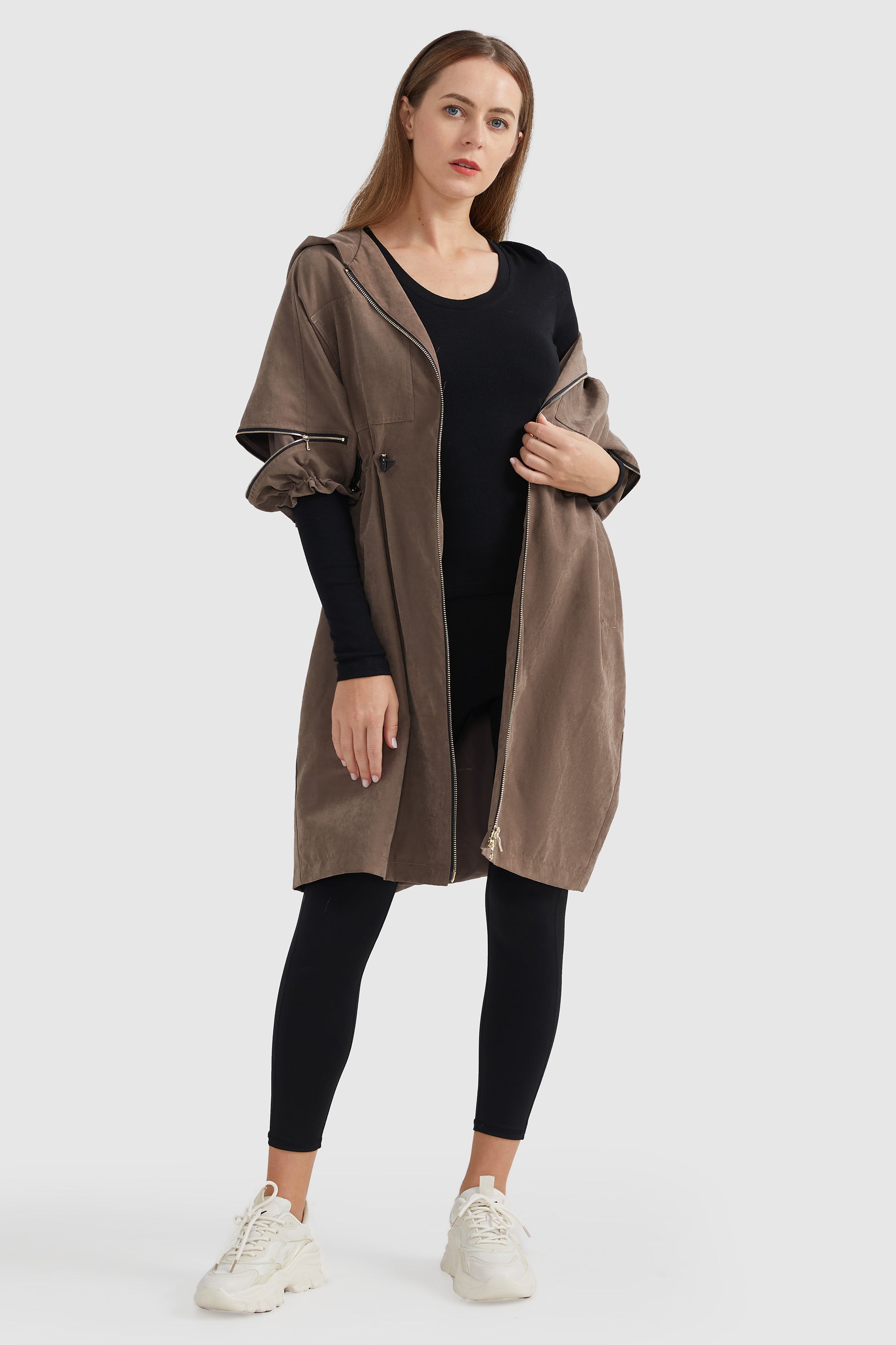 Zipper Batwing Sleeves Hooded Coat